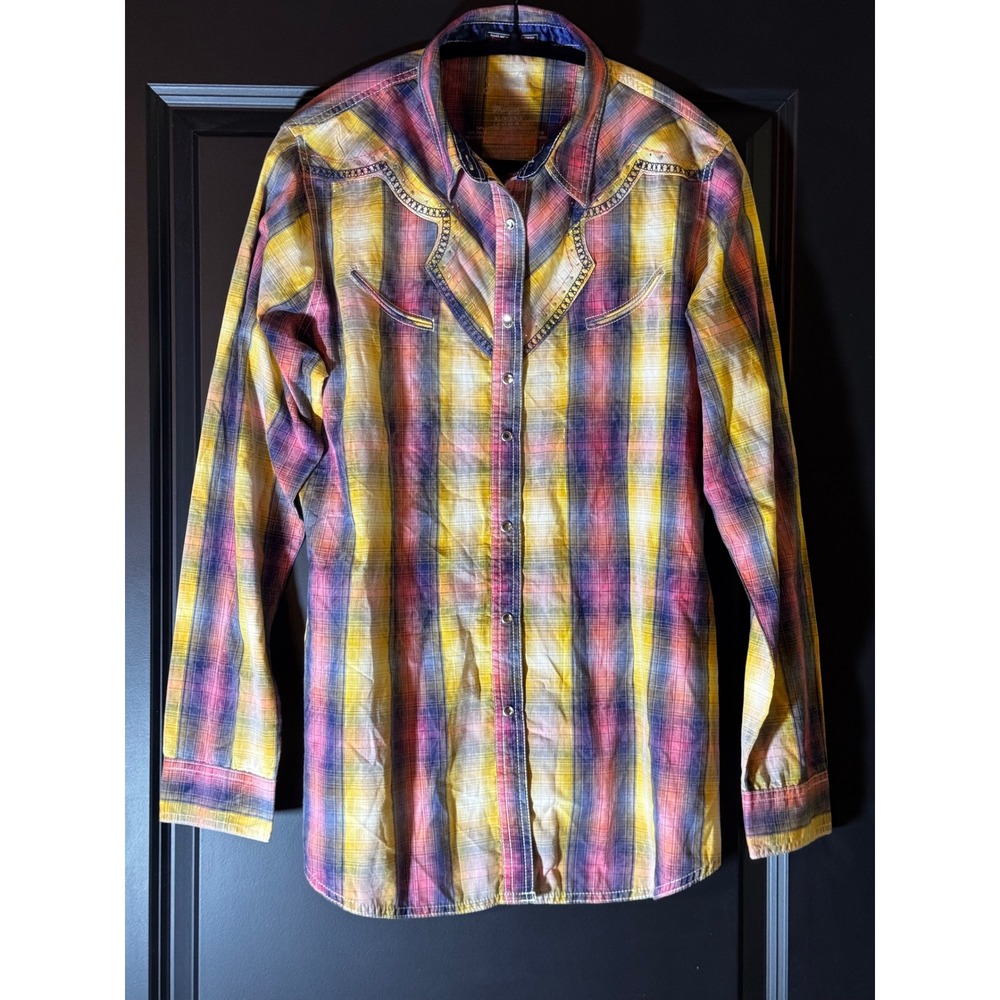 Wrangler Rock 47 Plaid Western Long Sleeve Button Up Shirt Womens XL‎